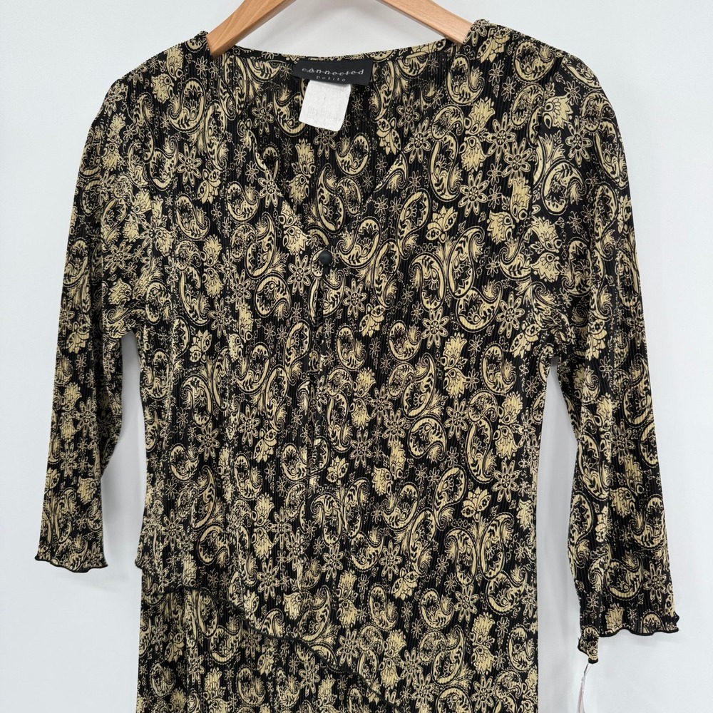 Connected Apparel Vtg Gold/Black Paisley Ribbed 3/4 Sleeve Dress Women's Sz 8P - Picture 2 of 12